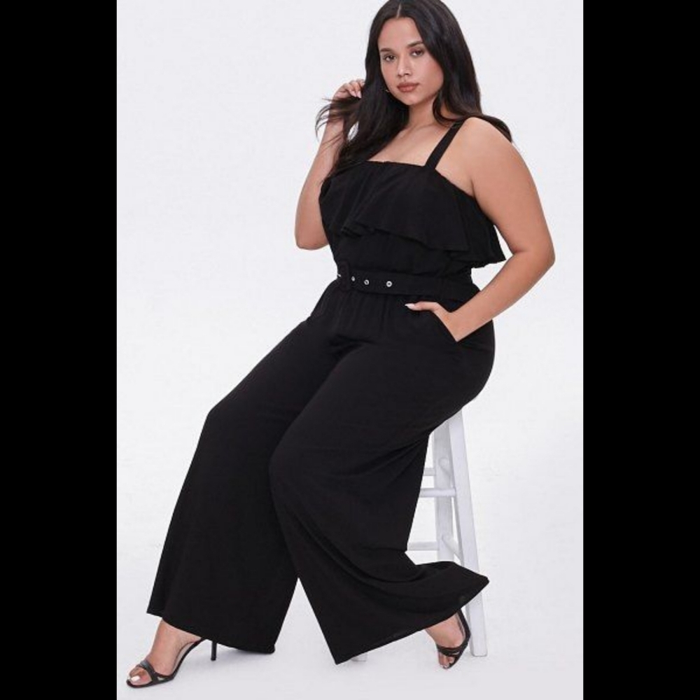 Forever 21 Plus Black Wide Leg Jumpsuit Ruffle Detail w/ Pockets 3X Long NWT